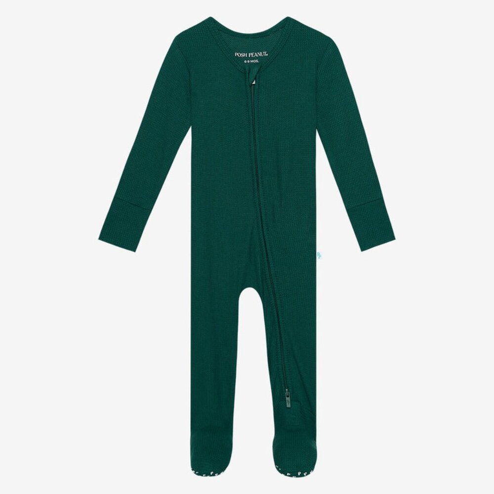 Posh Peanut Green Waffle Zippered Footie: 0-3